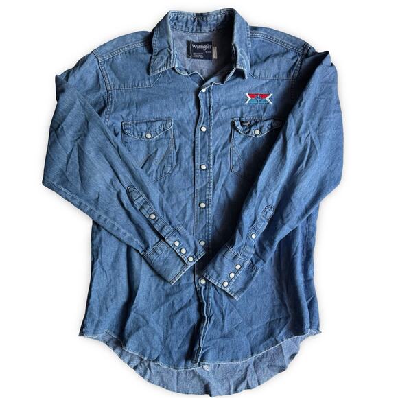 Vintage Wrangler Denim Western Shirt Size 16½/34 Embroidered 100% Cotton - Picture 1 of 10